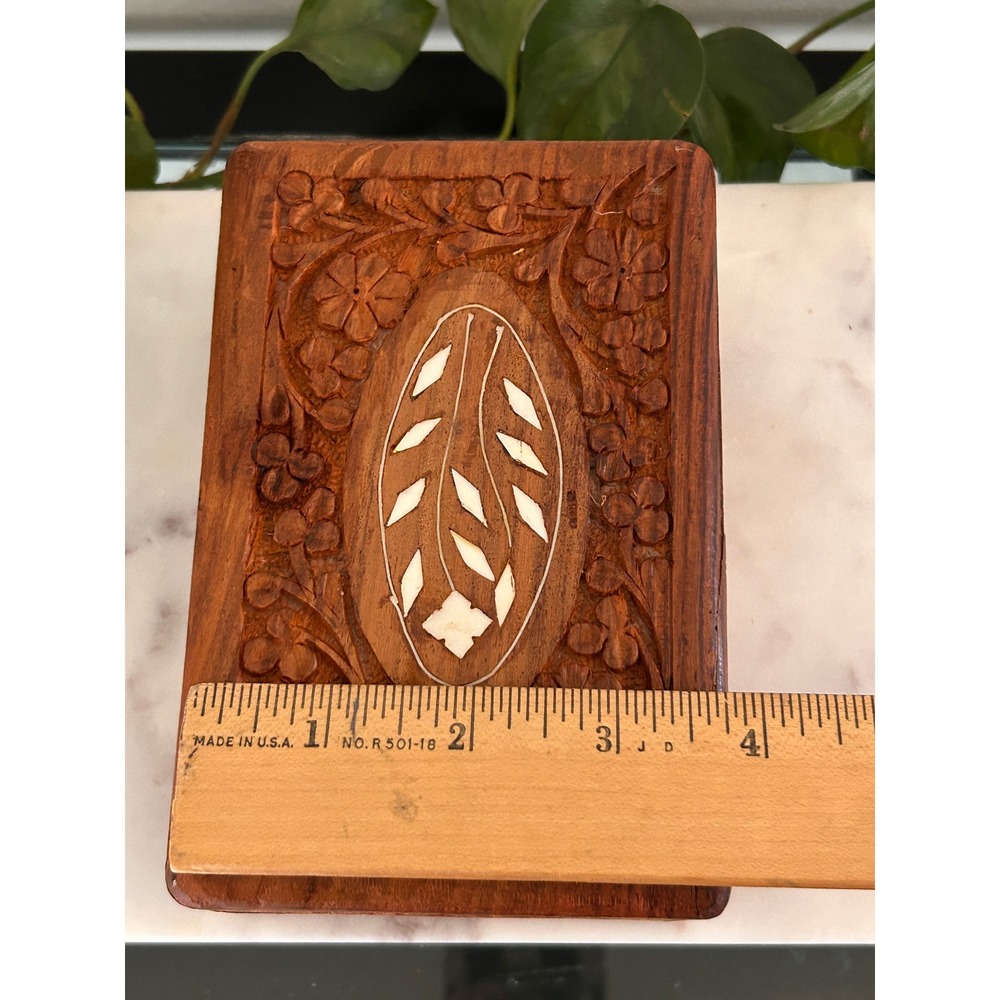 Vintage Hand Carved Floral Wood Jewelry Box Shell Inlay Blue Velvet Lined - Picture 16 of 16